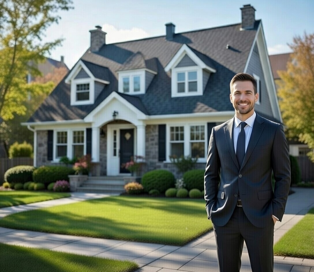 Courtier immobilier devant une maison